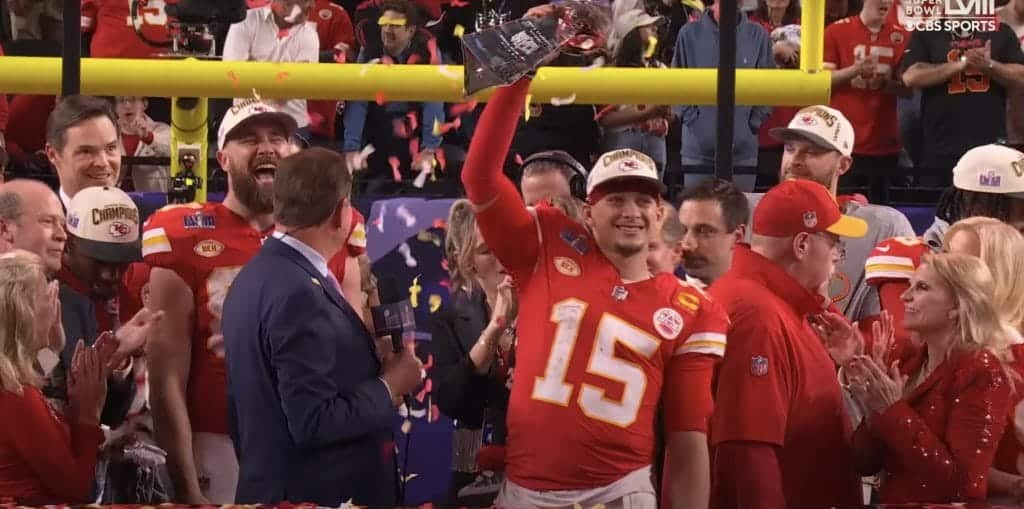 Patrick Mahomes with Lombardi trophy